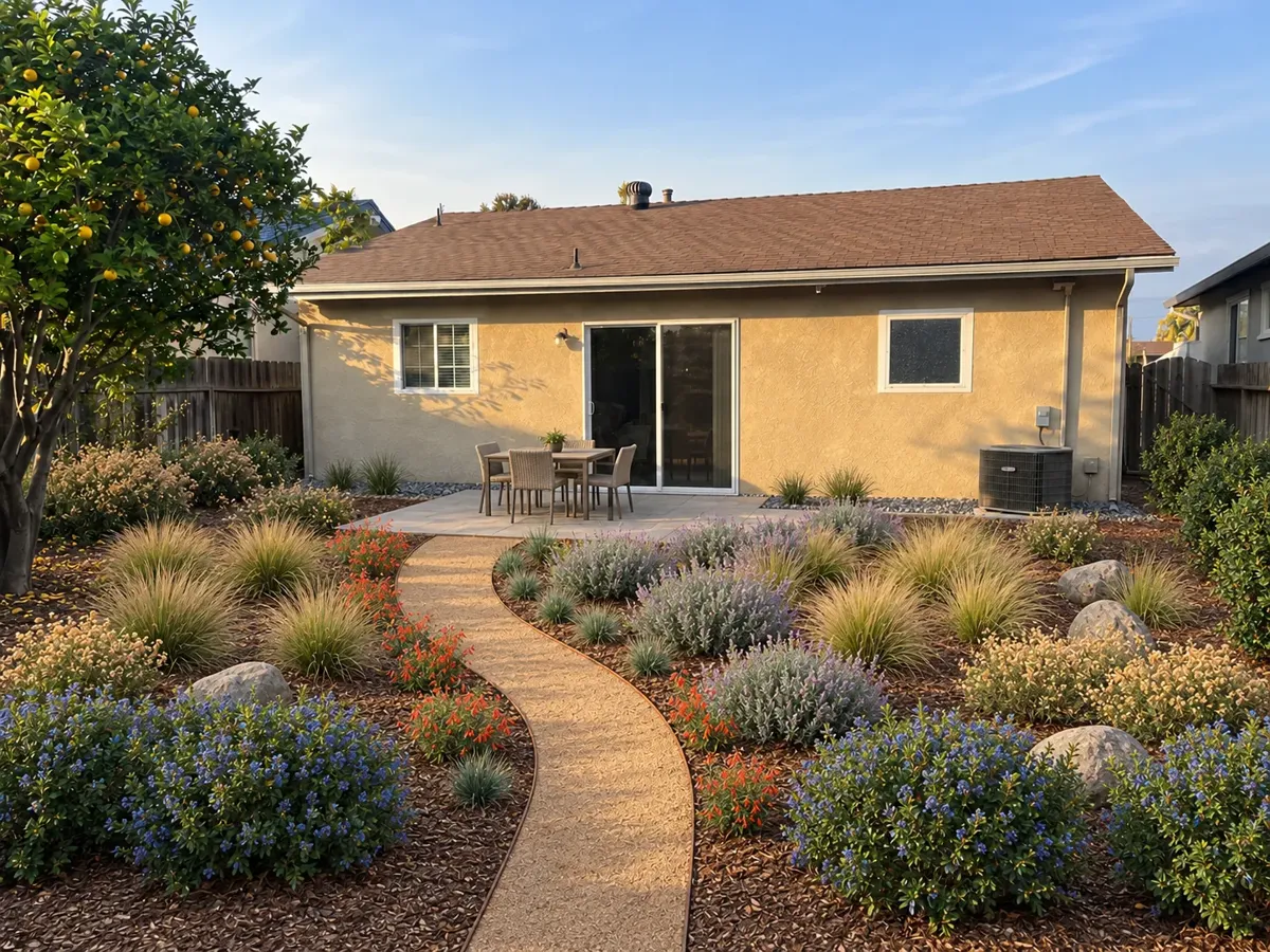 The same backyard redesigned: porcelain patio, curving gravel path and low-water native planting