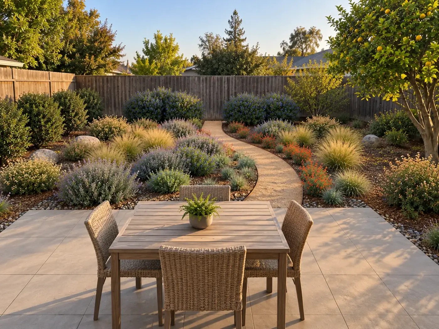 AI-generated view looking out from the house across the patio and planted beds